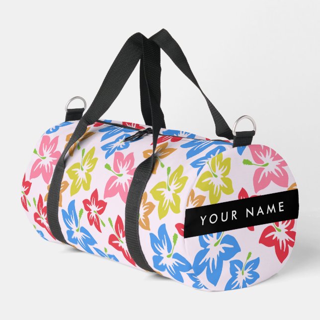 Colourful Hibiscus, Pattern Of Flowers, Your Name Duffle Bag (Left Corner)