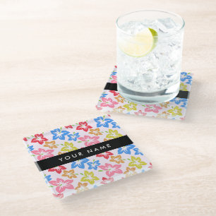 Colourful Hibiscus, Pattern Of Flowers, Your Name Glass Coaster