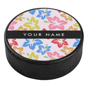 Colourful Hibiscus, Pattern Of Flowers, Your Name Hockey Puck