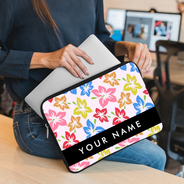 Colourful Hibiscus, Pattern Of Flowers, Your Name Laptop Sleeve (Creator Uploaded)