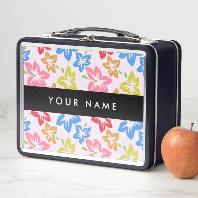 Colourful Hibiscus, Pattern Of Flowers, Your Name Metal Lunch Box (In Situ)