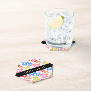 Colourful Hibiscus, Pattern Of Flowers, Your Name Paper Coaster