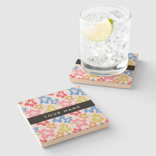 Colourful Hibiscus, Pattern Of Flowers, Your Name Stone Coaster