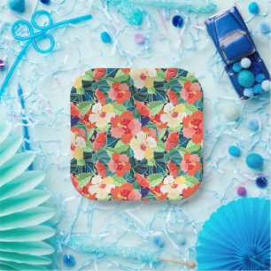 Colourful Hibiscus Pattern Paper Plate