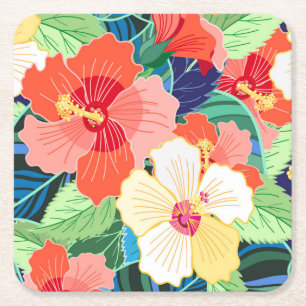 Colourful Hibiscus Pattern Square Paper Coaster