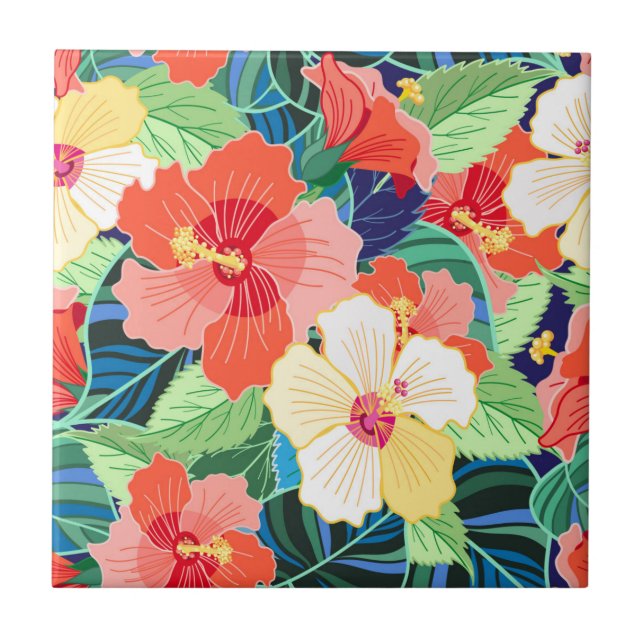 Colourful Hibiscus Pattern Tile (Front)