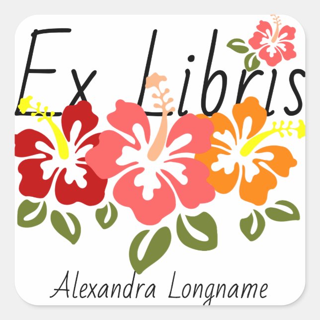 Colourful Hibiscus Personalised Ex Libris Bookplat Square Sticker (Front)