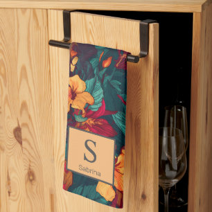 Colourful Hibiscus with Monogram and Name, Floral Tea Towel