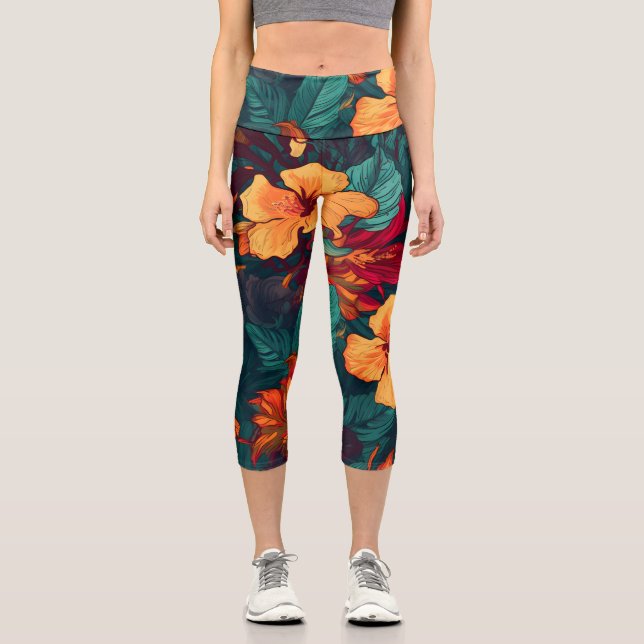 Colourful Hibiscus, Yellow Orange Green Floral Capri Leggings (Front)