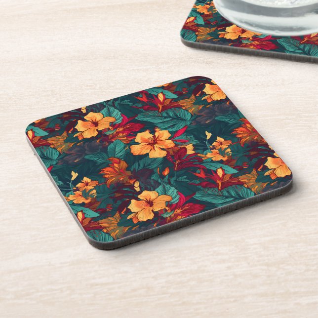 Colourful Hibiscus, Yellow Orange Green Floral Coaster (Left Side)