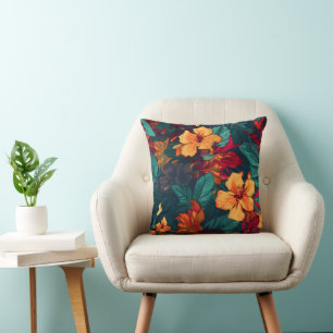 Colourful Hibiscus, Yellow Orange Green Floral Cushion
