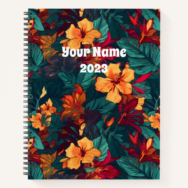 Colourful Hibiscus, Yellow Orange Green Floral Notebook (Front)