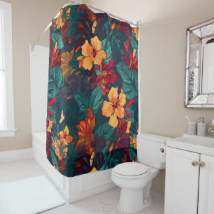 Colourful Hibiscus, Yellow Orange Green Floral Shower Curtain