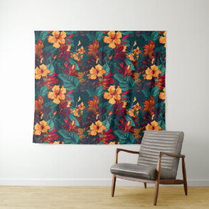 Colourful Hibiscus, Yellow Orange Green Floral Tapestry