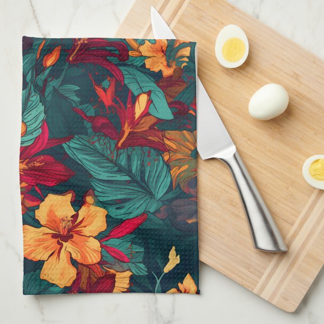 Colourful Hibiscus, Yellow Orange Green Floral Tea Towel (Quarter Fold)