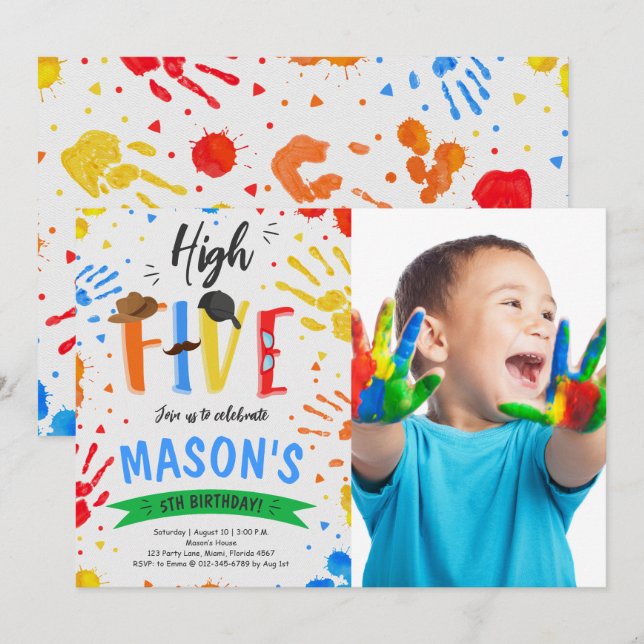 Colourful High Five Birthday Photo Invitation (Front/Back)