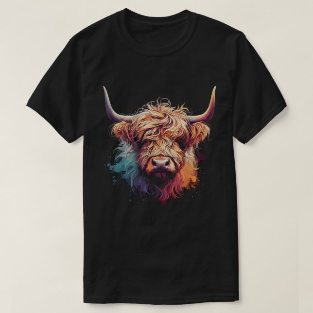 Colourful Highland Cow Watercolor Art Natural T-Shirt (Design Front)