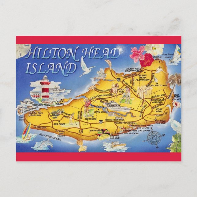 Colourful Hilton Head SC Map Postcard (Front)