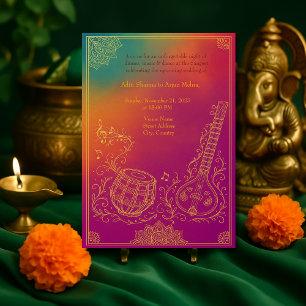Colourful Hindu Sangeet Mandala & music instrument Invitation