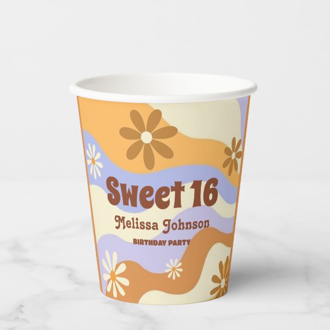 Colourful Hippie Flower Retro Groovy Sweet 16 Paper Cups (Front)