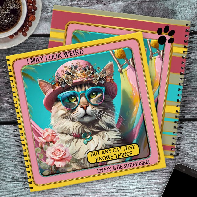 Colourful Hippie Funny Wise Cat Girly  Notebook (Funny notebook with a colorful girly image of a hippie cat - birthday gift for her - back to school)