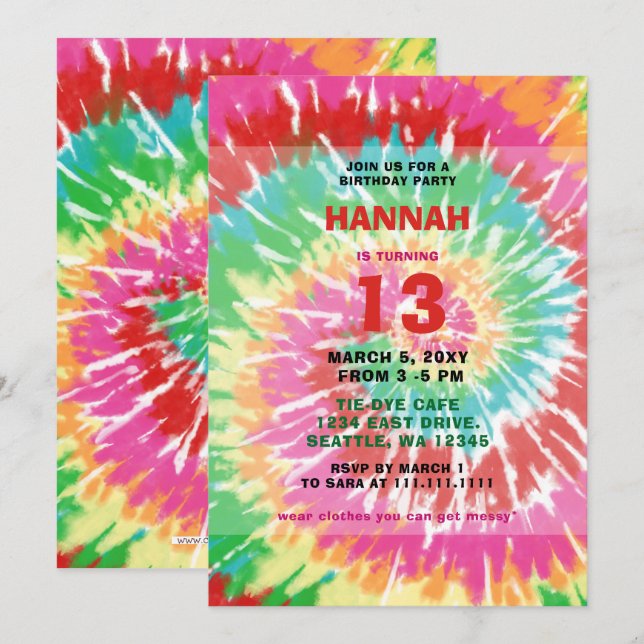 Colourful Hippie Tie Dye Fun Birthday Party Invita Invitation (Front/Back)