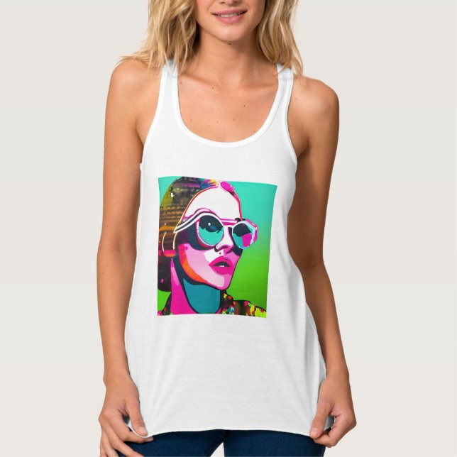 Colourful Hipster Lady in Sunglasses and Messy Bun Singlet (Front)