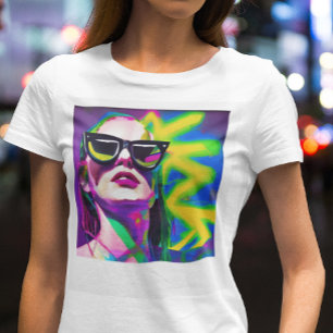Colourful Hipster Lady in Sunglasses Modern Art T-Shirt