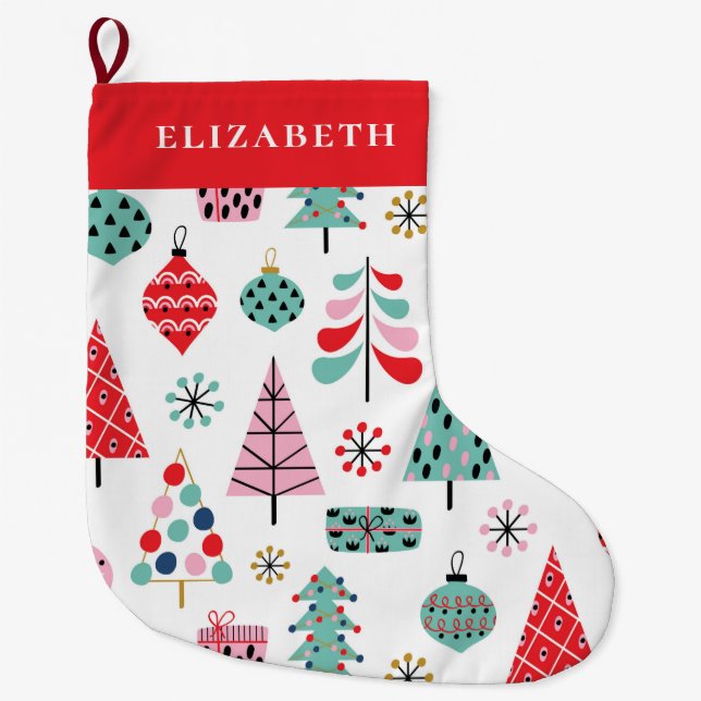 Colourful Holiday Pattern | Cute Modern Winter Tre Large Christmas Stocking (Front)
