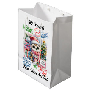 Colourful Holiday Sack With Cheerful Santa owl Medium Gift Bag