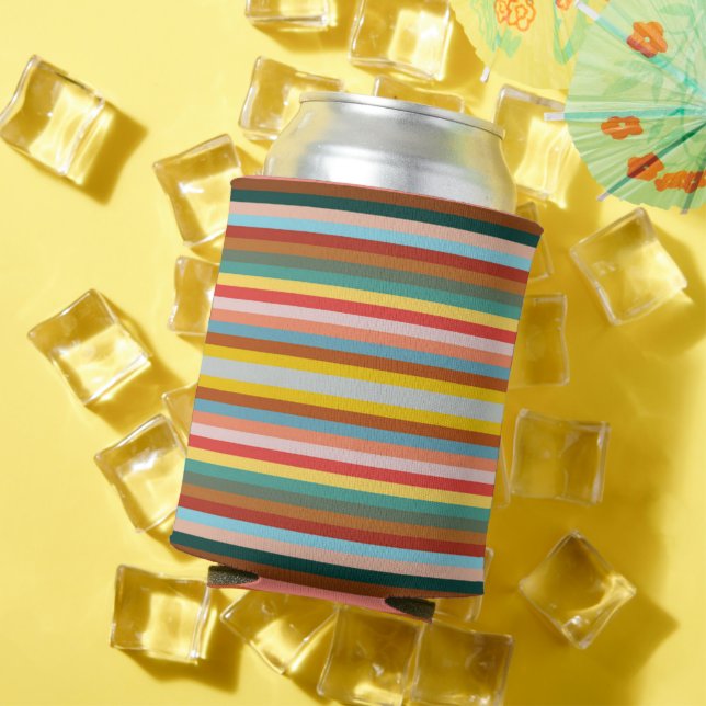 Colourful Horizontal Retro Stripes  Can Cooler (In Situ Summer)