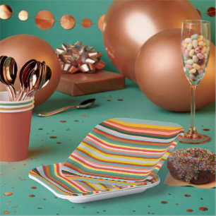 Colourful Horizontal Retro Stripes  Paper Plate