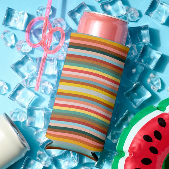 Colourful Horizontal Retro Stripes  Seltzer Can Cooler (In Situ Summer)