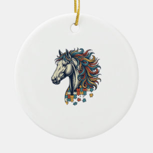 Colourful Horse Puzzle Piece Vintage Engraving T-S Ceramic Tree Decoration