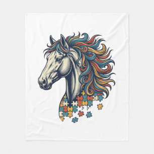 Colourful Horse Puzzle Piece Vintage Engraving T-S Fleece Blanket