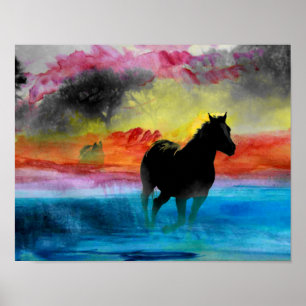 Colourful Horse Running in Water Poster