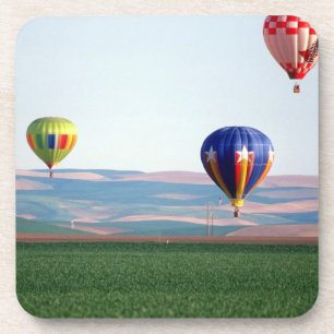 Colourful hot air balloons float over wheat coaster