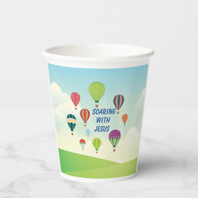 Colourful hot air balloons kids party cups (Front)