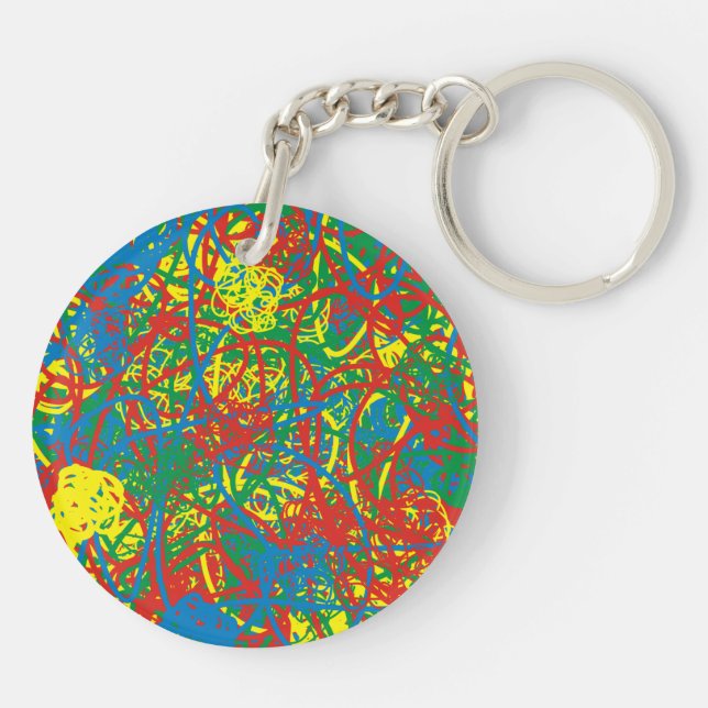 Colourful hot mess red blue yellow green scribbles key ring (Back)