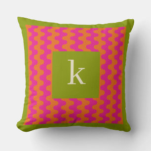 Colourful Hot Pink Orange Green Bold Wavy Monogram Cushion