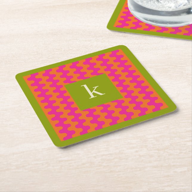Colourful Hot Pink Orange Green Bold Wavy Monogram Square Paper Coaster (Angled)