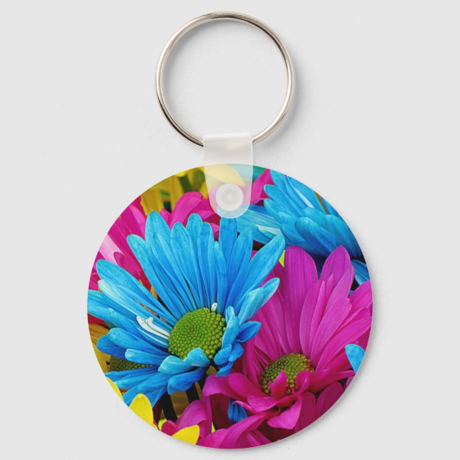 Colourful Hot Pink Teal Blue Gerber Daisies Flower Key Ring (Front)