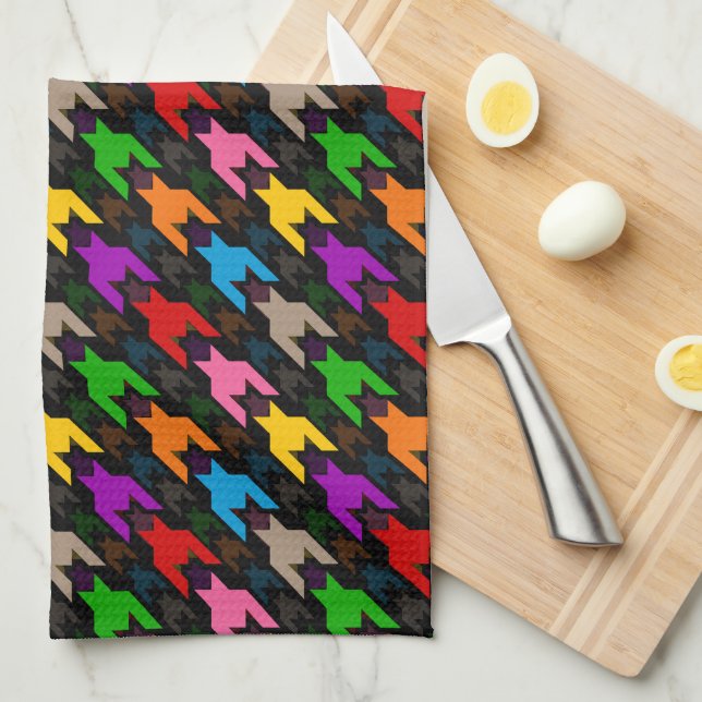 Colourful Houndstooth Pattern Black  Tea Towel (Quarter Fold)