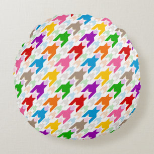 Colourful Houndstooth Pattern White Round Cushion