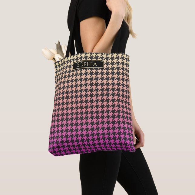 Colourful Houndstooth-Pink to Yellow Gradient- Tote Bag (Close Up)