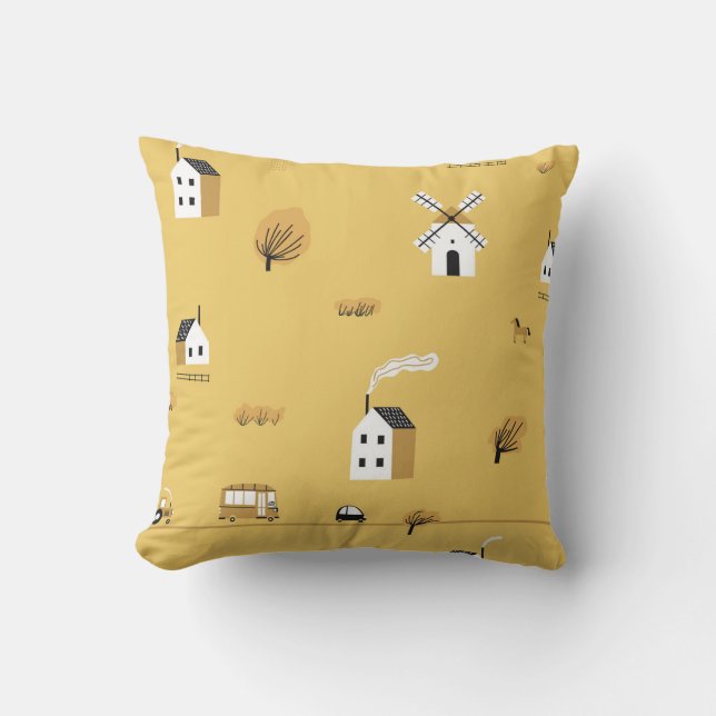 Colourful house, trees, horses landscape cushion (Front)