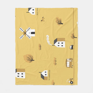 Colourful house, trees, horses landscape fleece blanket