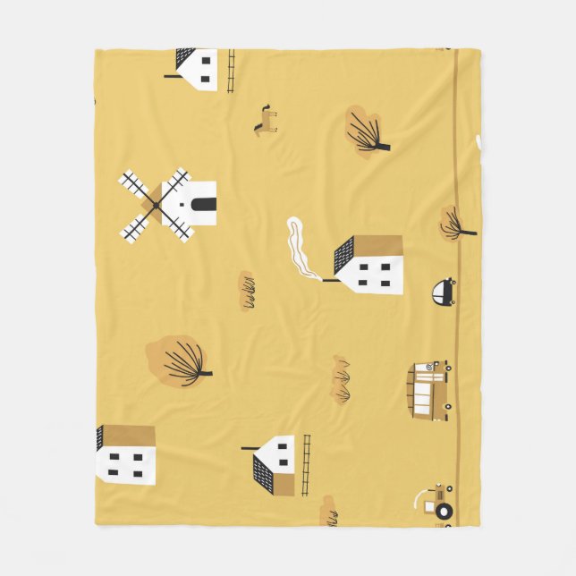 Colourful house, trees, horses landscape fleece blanket (Front)