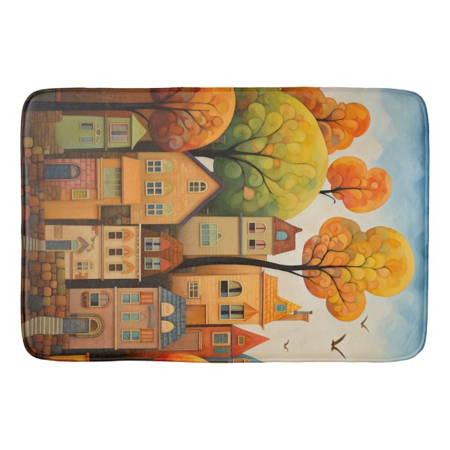 Colourful houses and trees in the fall bath mat (Front)