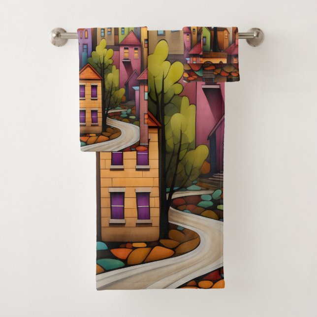 Colourful houses and trees in the fall bath towel set (Insitu)